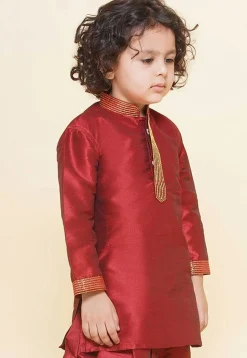 Embroidered Dupion Silk Kurta in Maroon