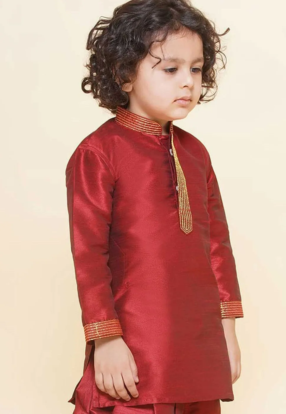 Embroidered Dupion Silk Kurta in Maroon