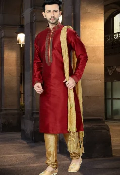 Embroidered Dupion Silk Kurta Pajama in Maroon