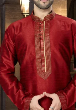 Embroidered Dupion Silk Kurta Pajama in Maroon
