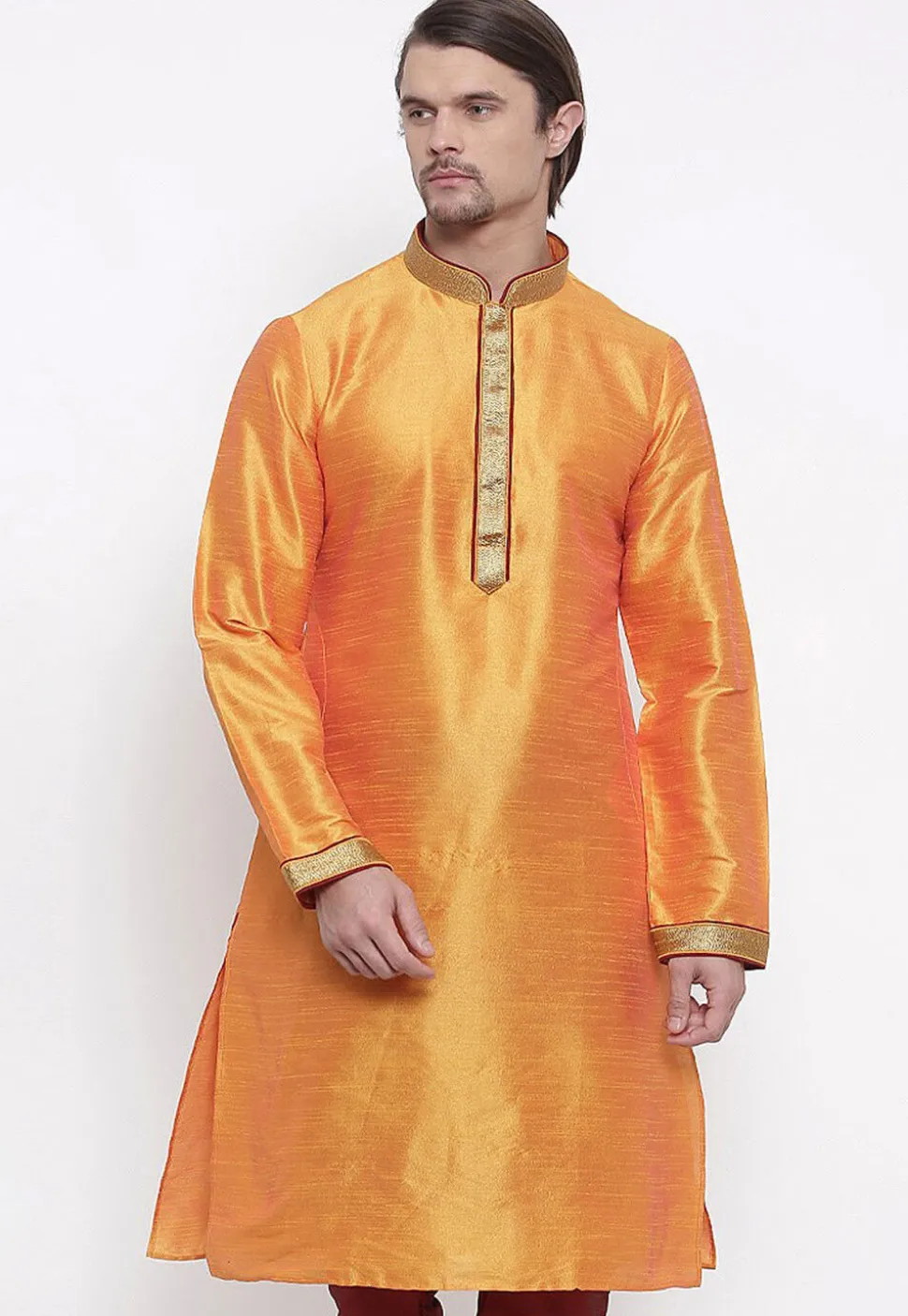 Embroidered Dupion Silk Kurta in Orange