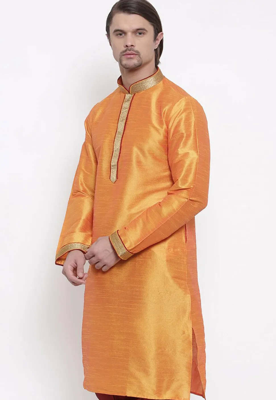 Embroidered Dupion Silk Kurta in Orange