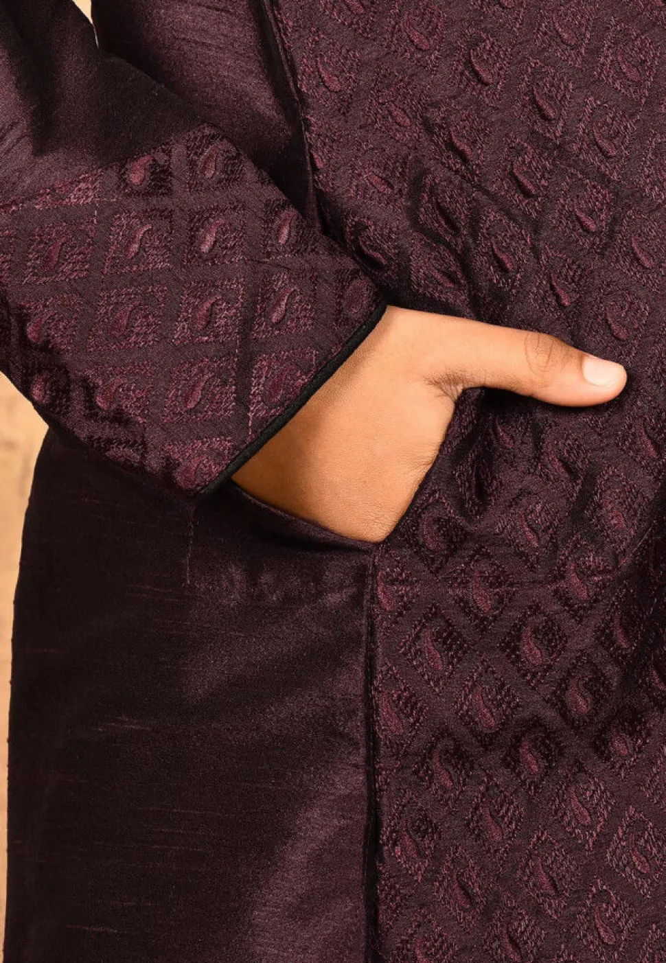 Embroidered Dupion Silk Kurta in Wine