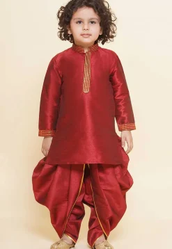 Embroidered Dupion Silk Kurta Set in Maroon