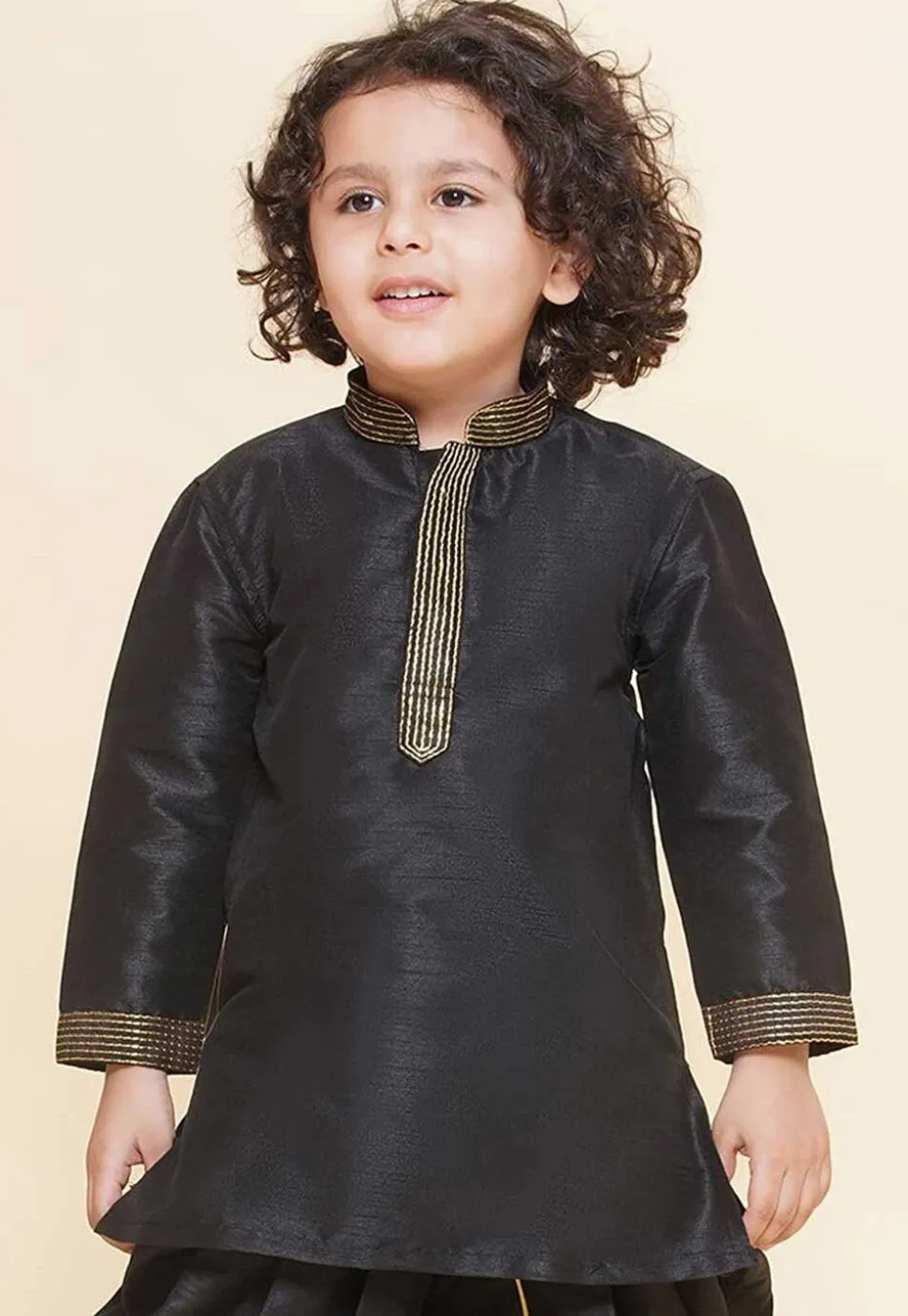 Embroidered Dupion Silk Kurta in Black