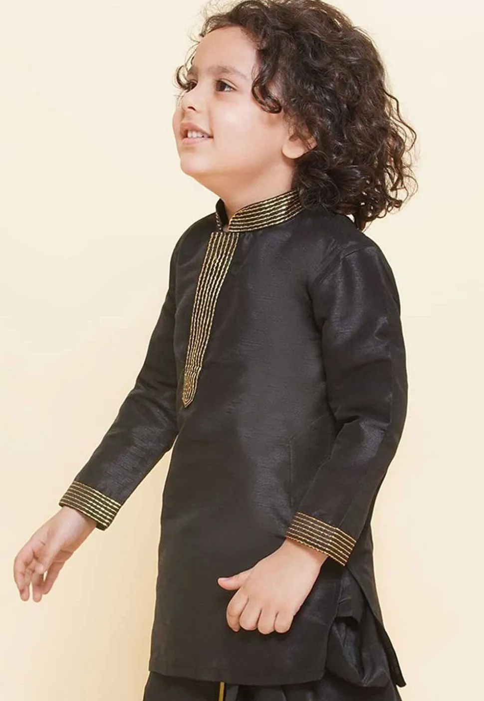 Embroidered Dupion Silk Kurta in Black