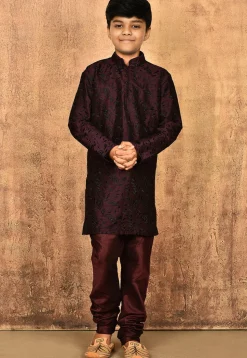 Embroidered Dupion Silk Kurta Set in Wine