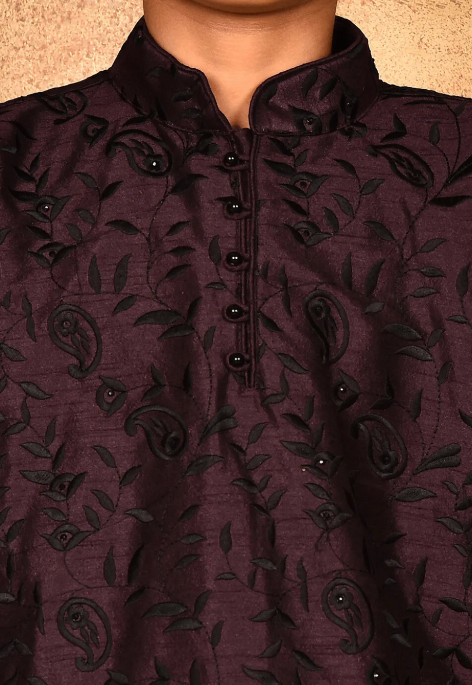 Embroidered Dupion Silk Kurta Set in Wine