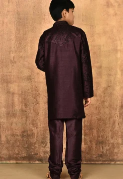 Embroidered Dupion Silk Kurta Set in Wine