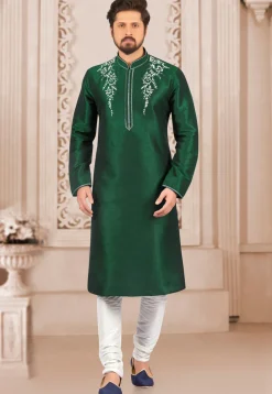Embroidered Dupion Silk Kurta Set in Dark Green