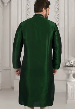 Embroidered Dupion Silk Kurta Set in Dark Green