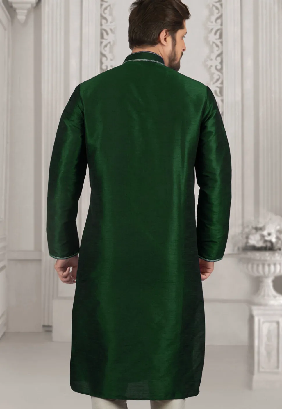 Embroidered Dupion Silk Kurta Set in Dark Green