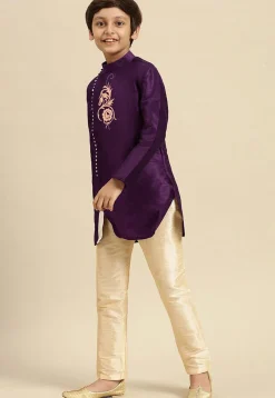 Embroidered Dupion Silk Kurta in Dark Purple
