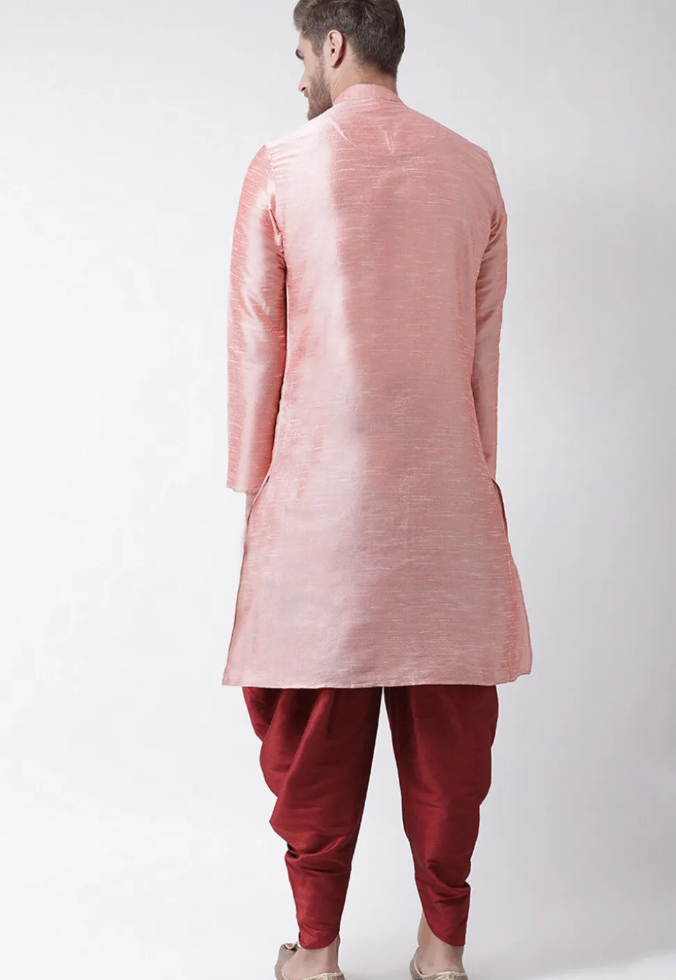 Embroidered Dupion Silk Kurta Set in Peach