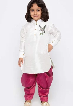 Embroidered Dupion Silk Kurta Set in White