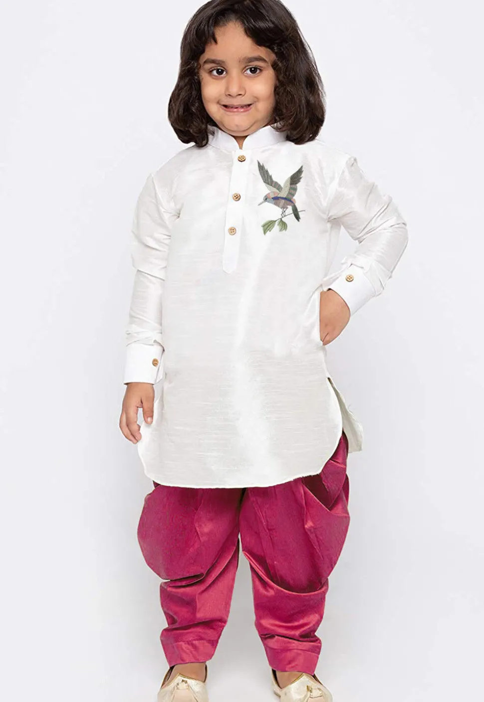 Embroidered Dupion Silk Kurta Set in White