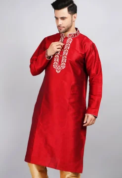 Embroidered Dupion Silk Kurta in Red