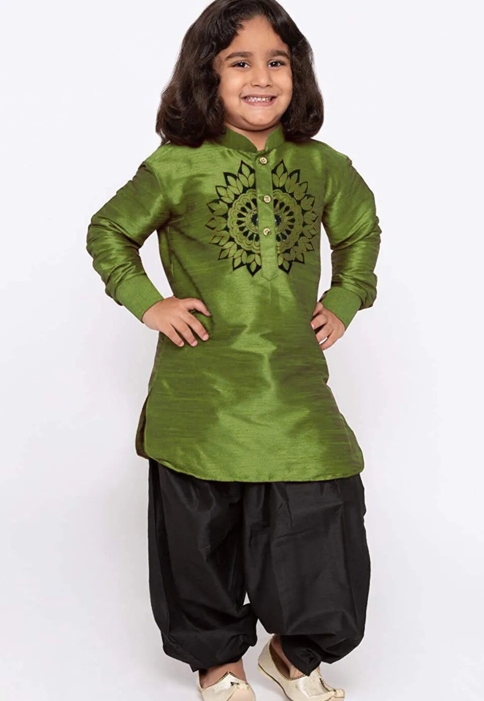 Embroidered Dupion Silk Kurta Set in Olive Green