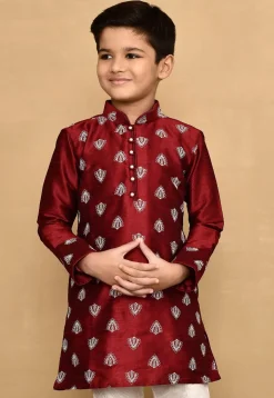 Embroidered Dupion Silk Kurta in Maroon