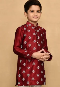 Embroidered Dupion Silk Kurta in Maroon