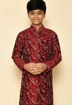 Embroidered Dupion Silk Kurta in Maroon