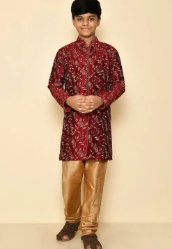 Embroidered Dupion Silk Kurta in Maroon
