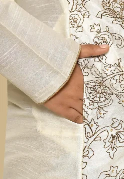 Embroidered Dupion Silk Kurta Set in Cream