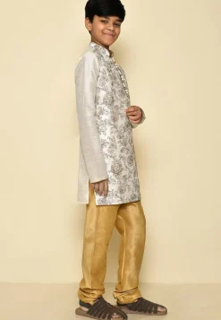 Embroidered Dupion Silk Kurta Set in Cream