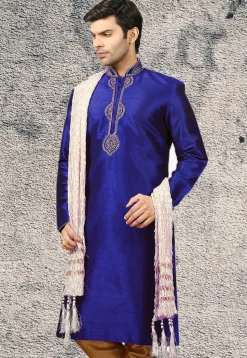 Embroidered Dupion Silk Kurta in Royal Blue