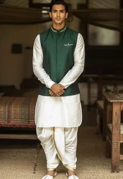 Embroidered Dupion Silk Kurta Set in White and Dark Green