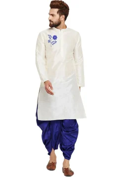 Embroidered Dupion Silk Kurta Set in White