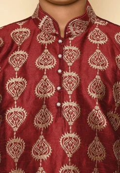 Embroidered Dupion Silk Kurta Set in Maroon
