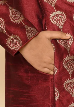 Embroidered Dupion Silk Kurta Set in Maroon