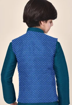 Embroidered Dupion Silk Kurta Set in Teal Blue