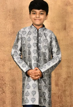 Embroidered Dupion Silk Kurta in Grey