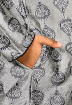 Embroidered Dupion Silk Kurta in Grey