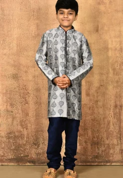 Embroidered Dupion Silk Kurta in Grey