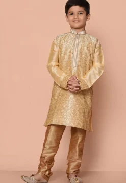 Embroidered Dupion Silk Kurta Set in Fawn