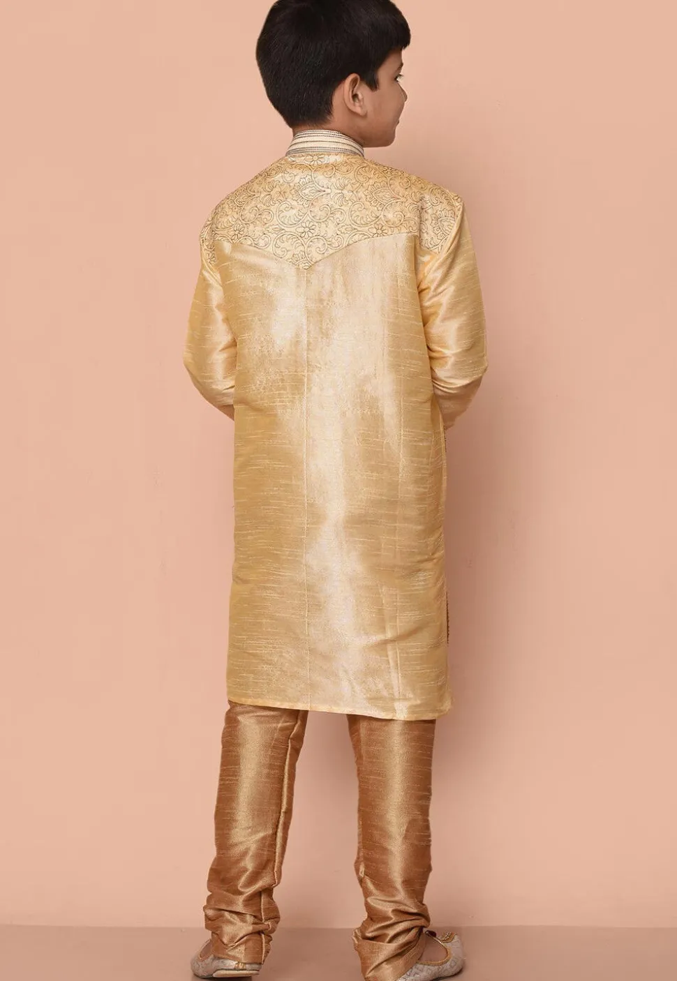 Embroidered Dupion Silk Kurta Set in Fawn
