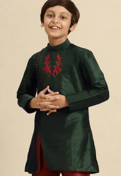 Embroidered Dupion Silk Kurta in Dark Green