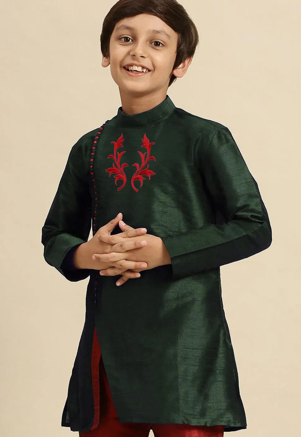 Embroidered Dupion Silk Kurta in Dark Green