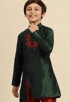 Embroidered Dupion Silk Kurta in Dark Green
