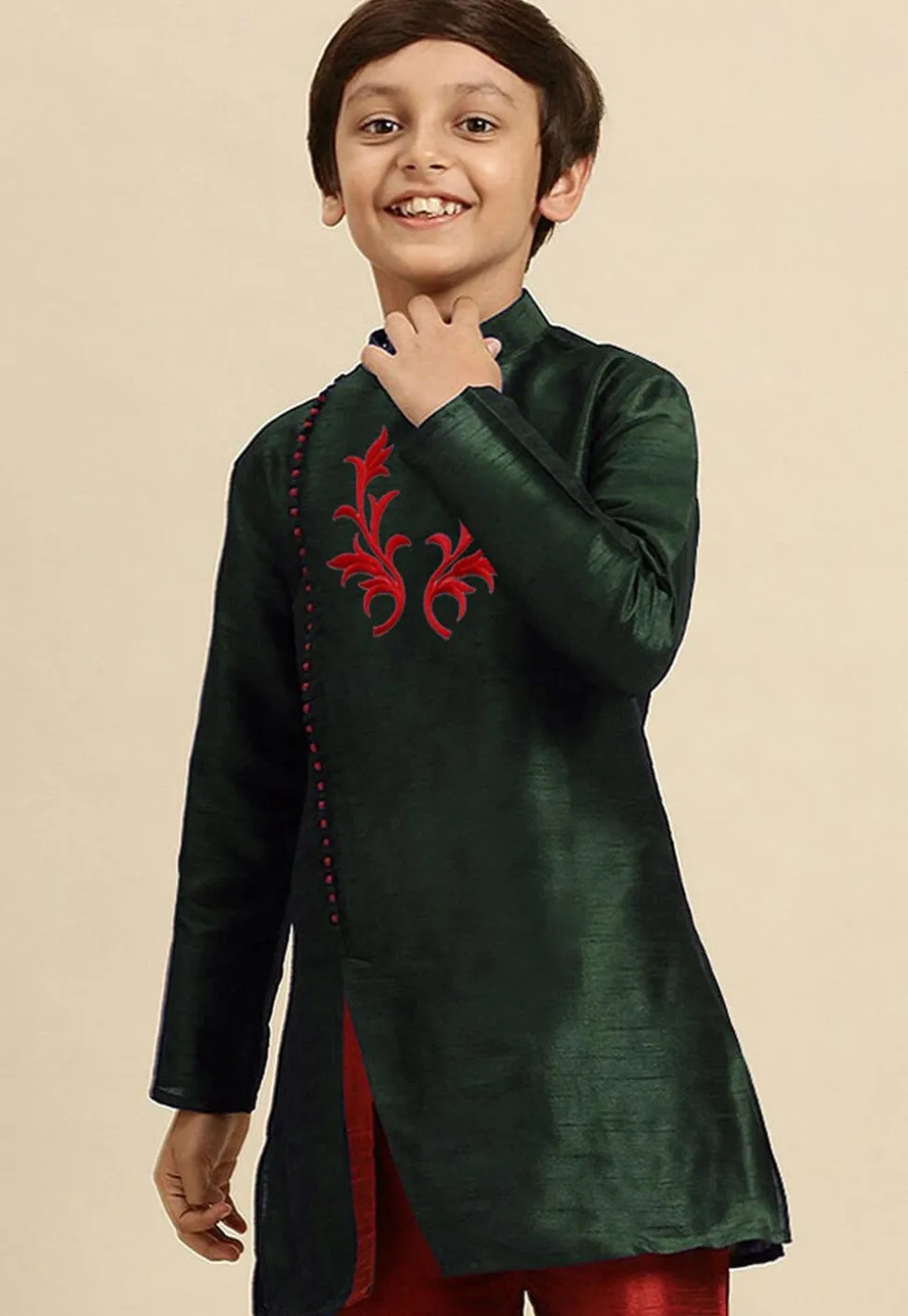 Embroidered Dupion Silk Kurta in Dark Green