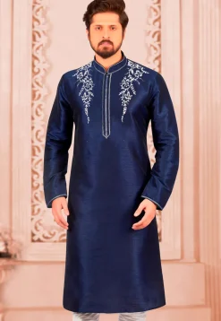 Embroidered Dupion Silk Kurta in Navy Blue
