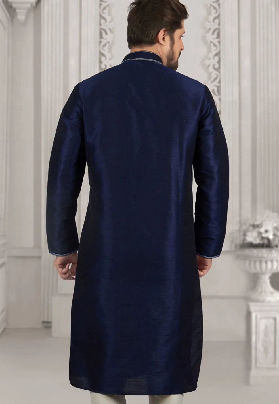 Embroidered Dupion Silk Kurta in Navy Blue