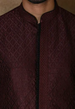 Embroidered Dupion Silk Kurta Set in Wine