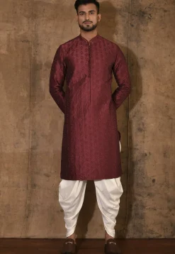 Embroidered Dupion Silk Kurta Set in Maroon