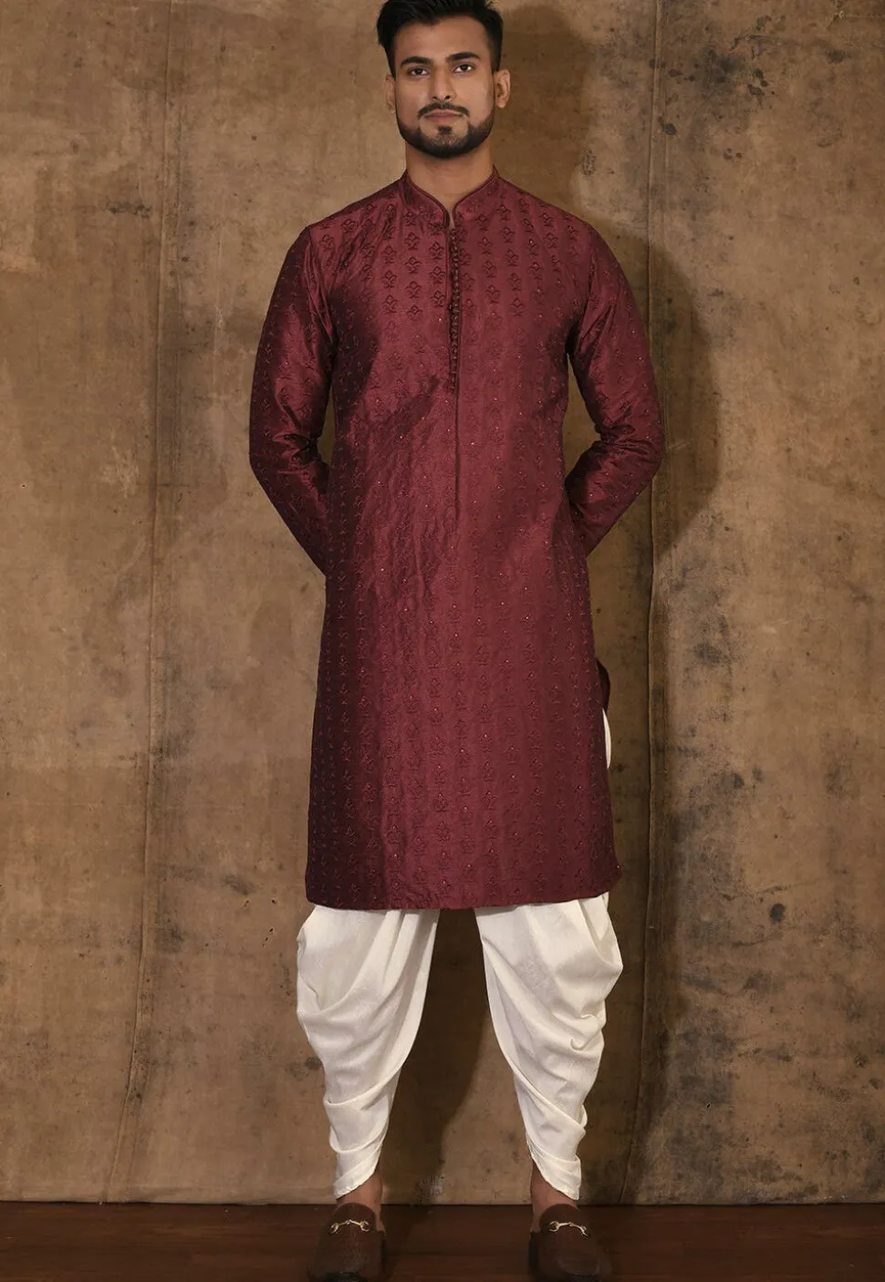 Embroidered Dupion Silk Kurta Set in Maroon
