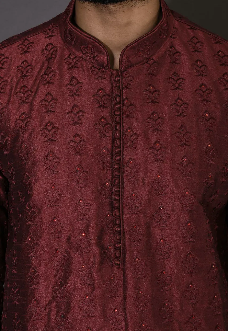 Embroidered Dupion Silk Kurta Set in Maroon