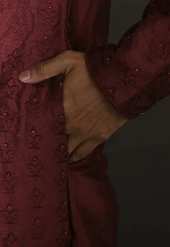 Embroidered Dupion Silk Kurta Set in Maroon